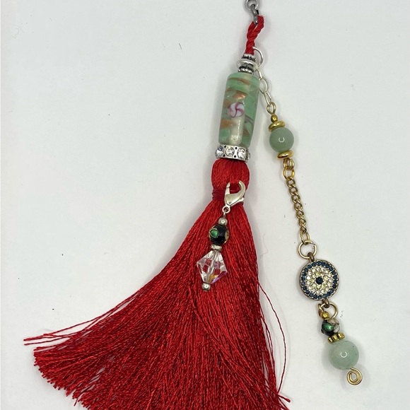 Handmade Red Tassel Charm with Aventurine Beads & Evil Eye – bag charm- New - Picture 5 of 6